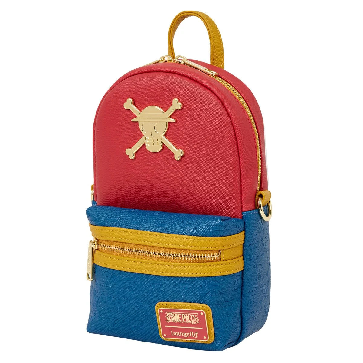 A red, yellow, and blue sling bag with a gold skull and crossbones charm on the back. The skull is wearing a straw hat. A sticker at the bottom right corner of the bag says "once piece, loungefly."