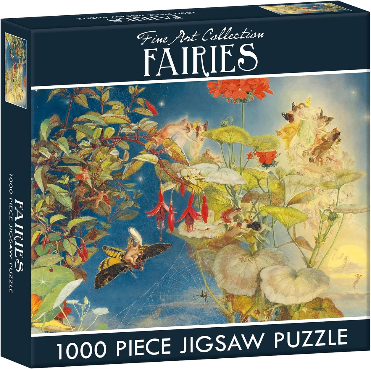 A puzzle box labeled "Fine Art Collection: Fairies - 1000 piece jigsaw puzzle". The preview depicts an illustrative, traditional-style design featuring several faeries on leaves, flowers, and moths in front of a blue sky.