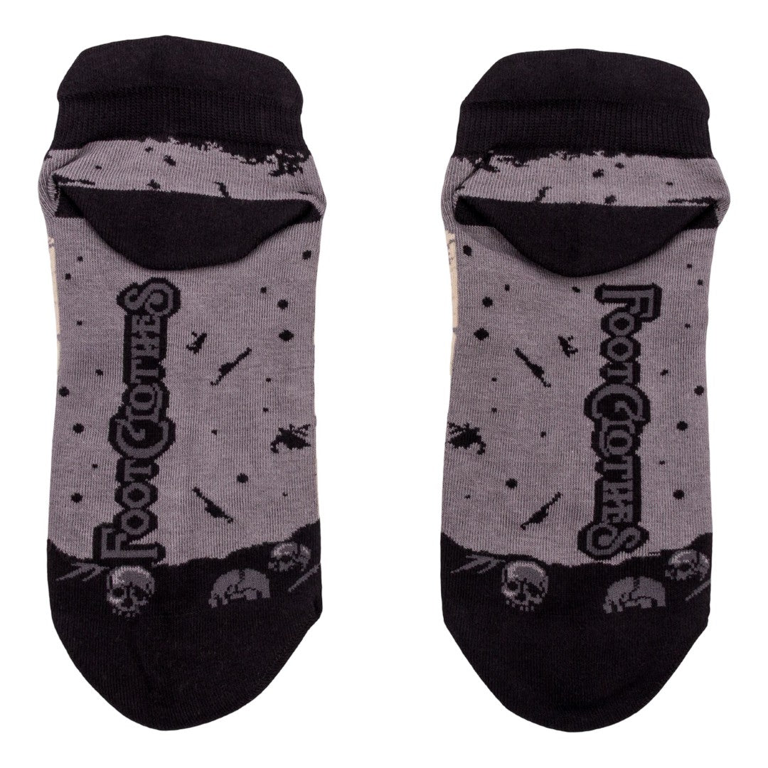 Pair of gray socks with black accents and 'Foot Clothes' branding on a white background