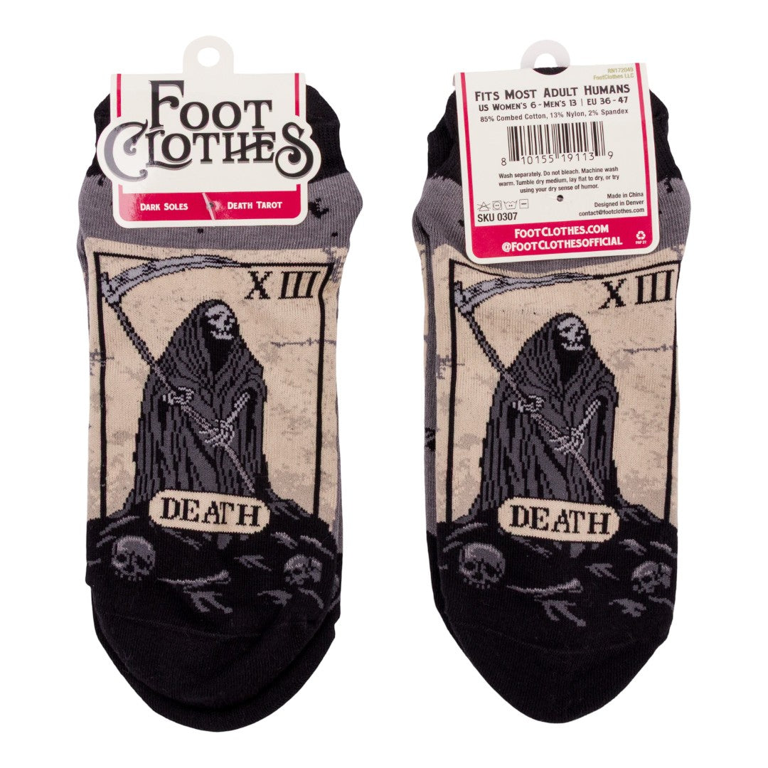 Pair of socks with 'Death' card design and 'Foot Clothes' branding.