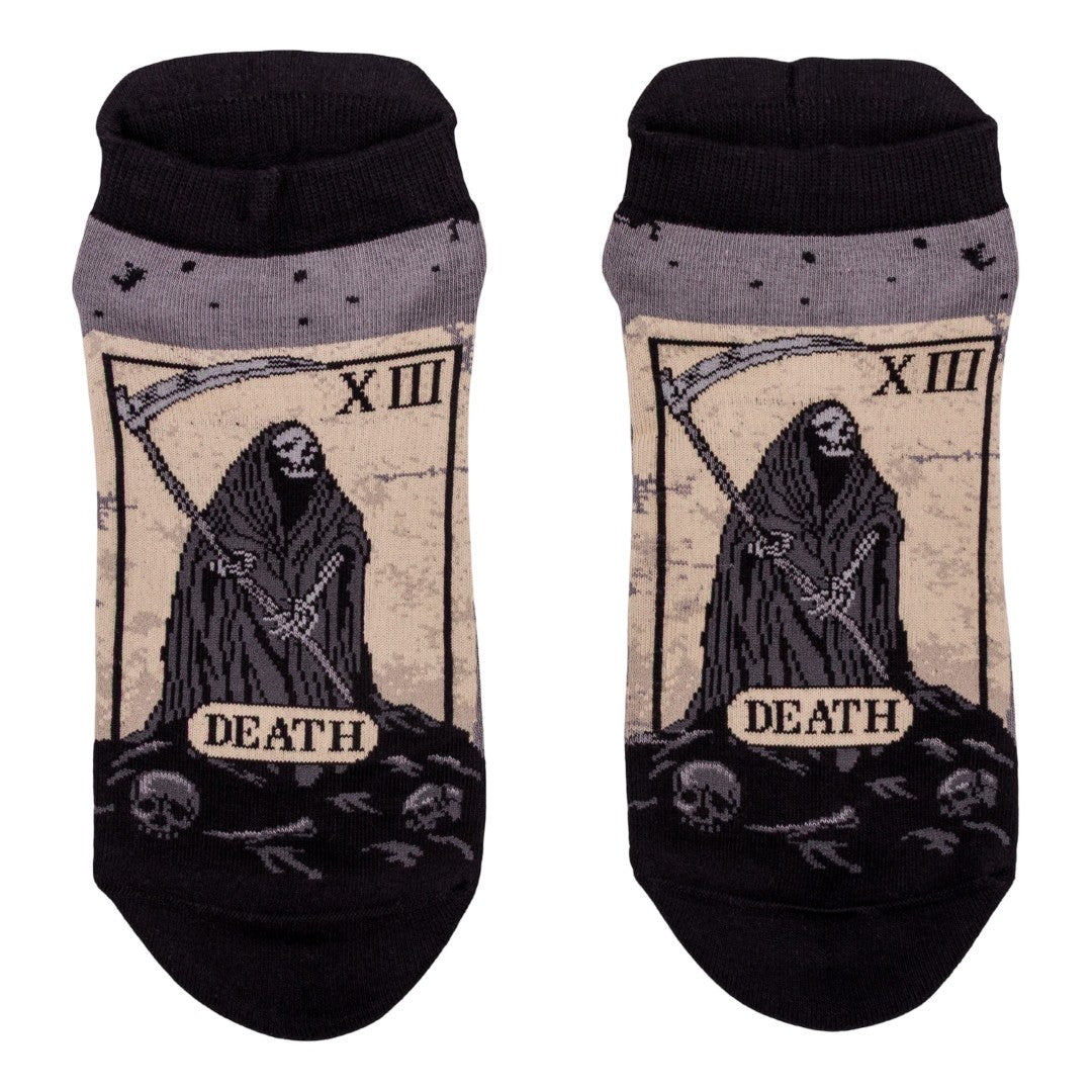 Pair of socks with a tarot card design featuring the Grim Reaper labeled 'Death'.