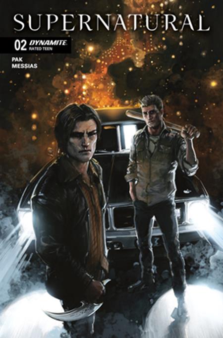 Comic book cover featuring two characters in a car with a fiery background, titled 'Supernatural'.