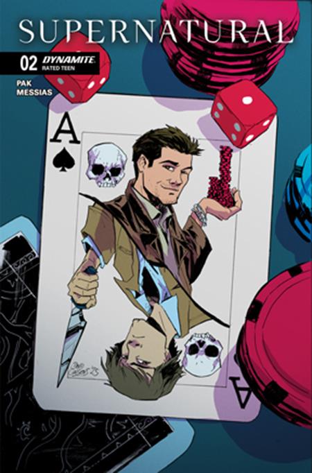 Comic book cover featuring a character holding dice and a card with a skull, on a blue background with red dice.