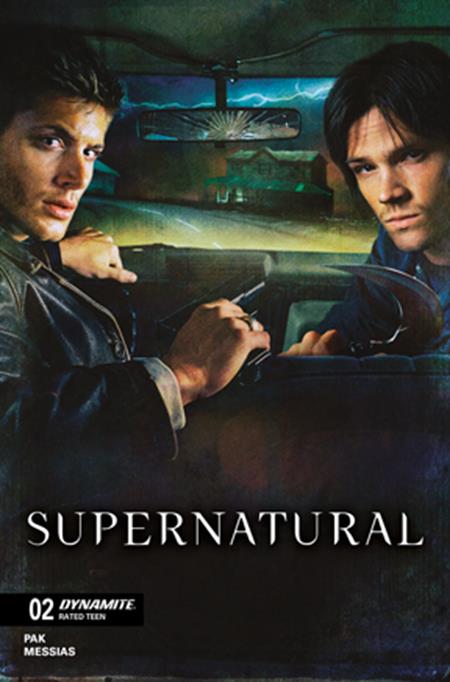 Two characters in a car with a dramatic sky, featuring the word 'Supernatural'.