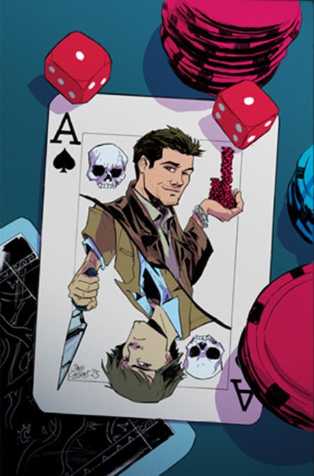 Playing card with a character holding a knife, surrounded by dice and cards on a blue background