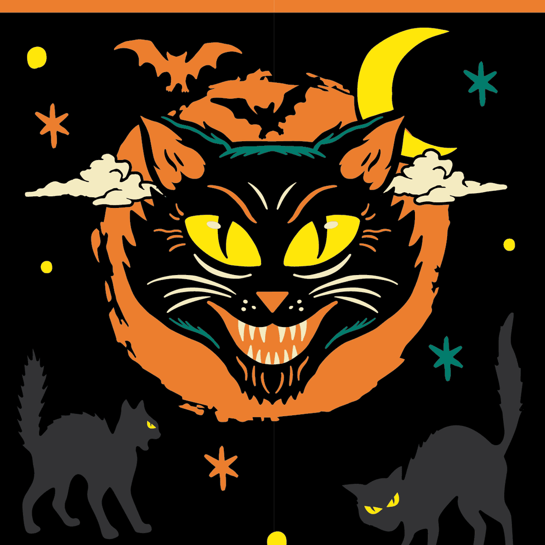 Halloween-themed illustration of a cat with glowing eyes, bats, and a crescent moon on a black background.