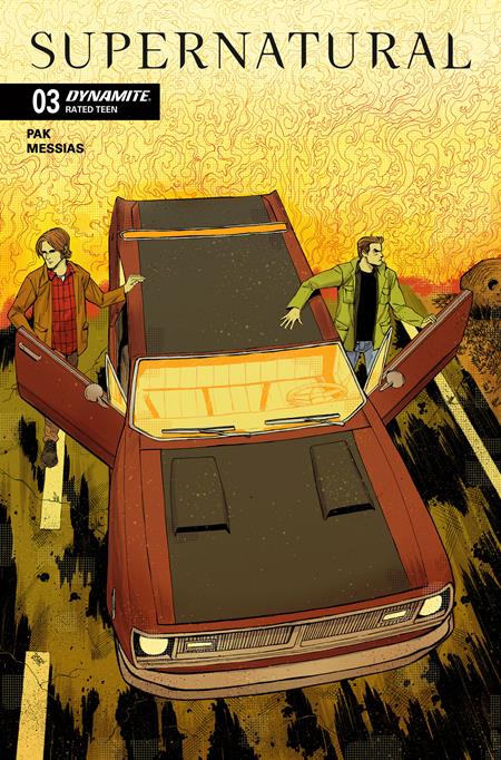 Comic book cover of 'Supernatural' with two characters by an open car.