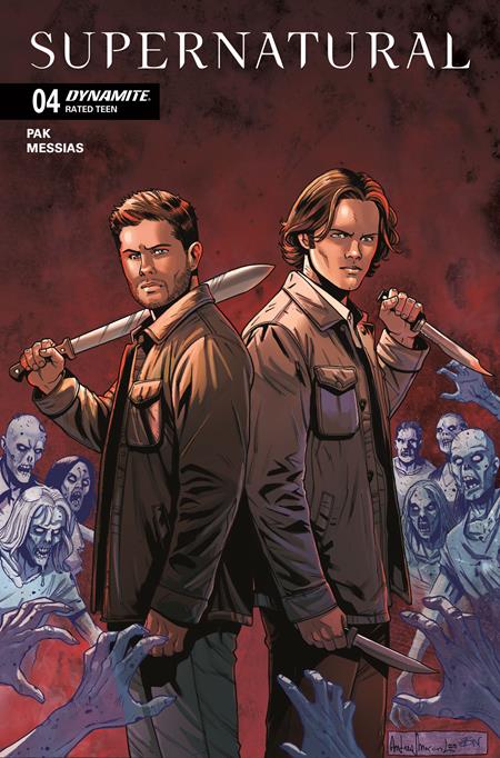 Comic book cover featuring Sam and Dean Winchester holding knives with a red background and zombie figures.