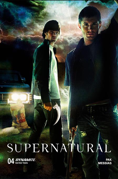Sam and Dean Winchester from 'Supernatural' standing in a dramatic scene with a car and stormy sky.