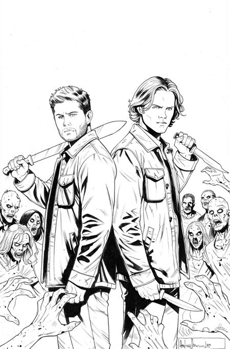 Black and white comic book cover featuring Sam and Dean Winchester with axes and zombies in the background, labeled 'Supernatural'.