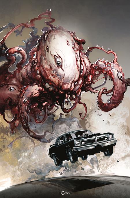 Comic book cover featuring a large octopus-like creature chasing a Chevy Impala.