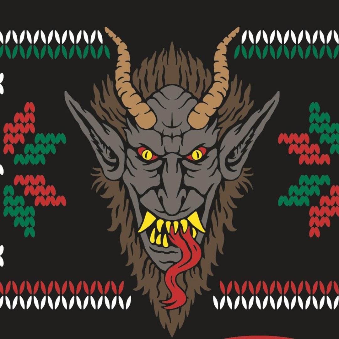Devil-like creature with red and yellow eyes and a red tongue on a patterned background