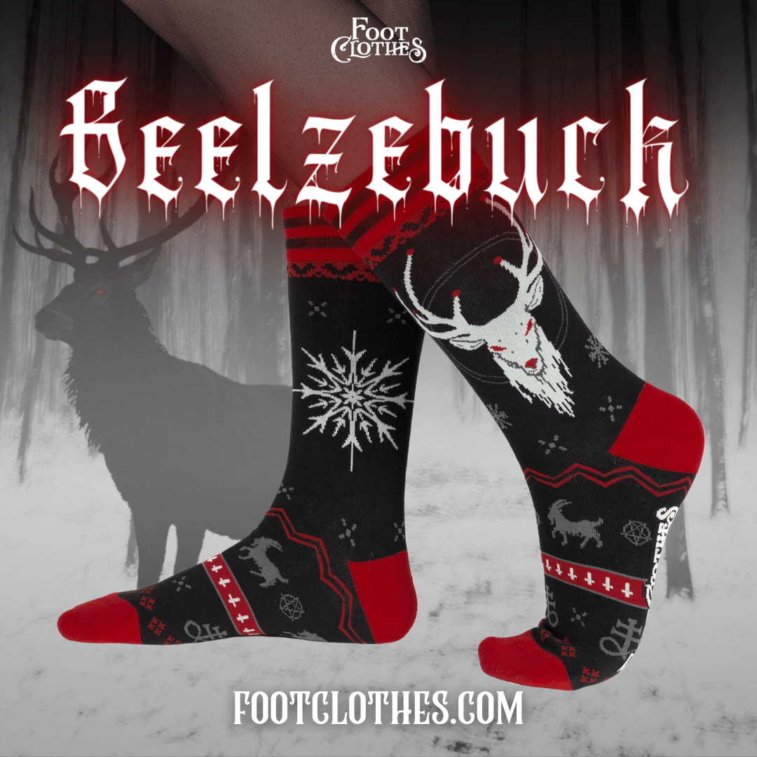 Decorative socks with a deer design and 'Beelzebub' text, worn by a person in a snowy landscape.