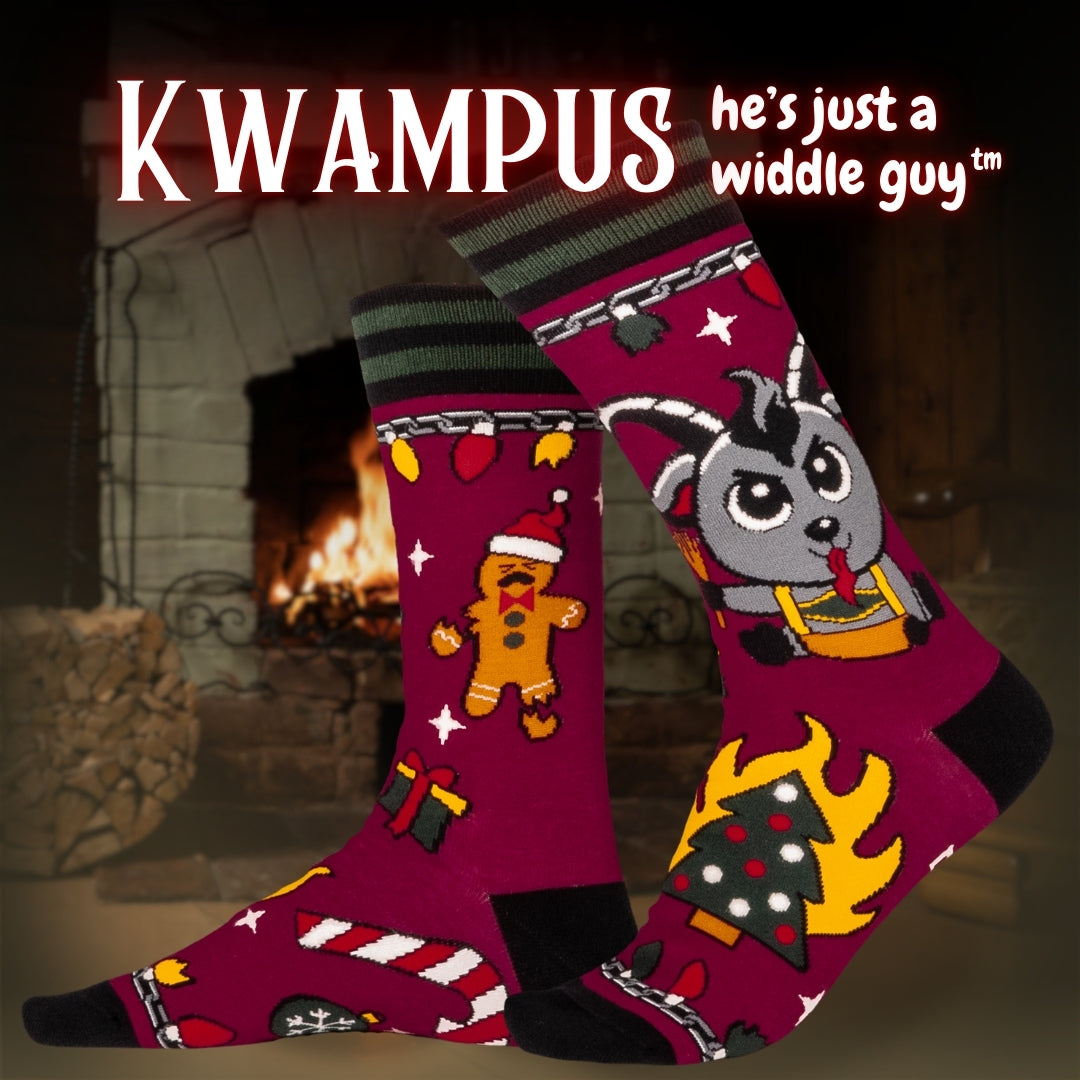 Colorful socks with cartoon Krampus design on a white background