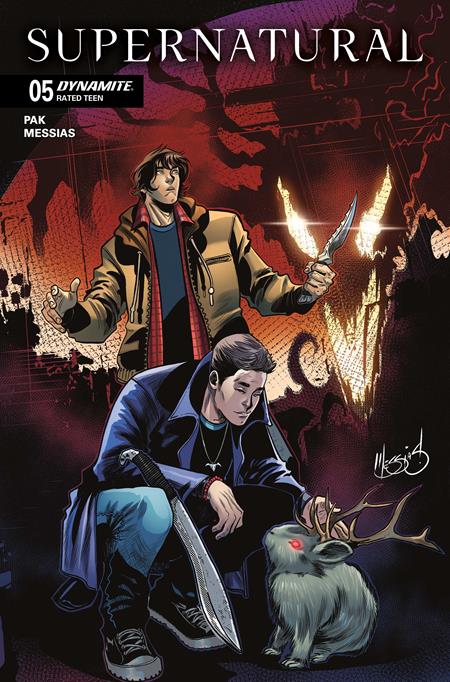 Comic book cover featuring the SPN characters Sam and Dean carrying weapons. Dean is petting a jackalope. Behind them is a demon face