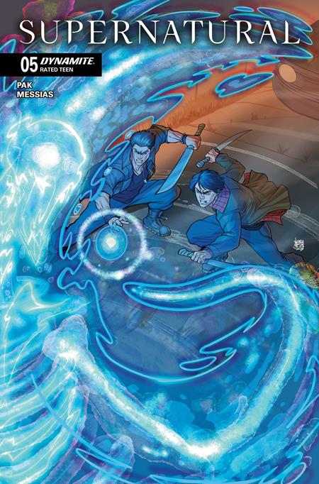 Comic book cover featuring Sam and Dean Winchester fighting a swirling blue creature