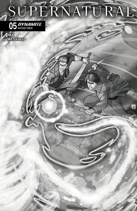A black and white book cover featuring Sam and Dean Winchester fighting a swirling creature