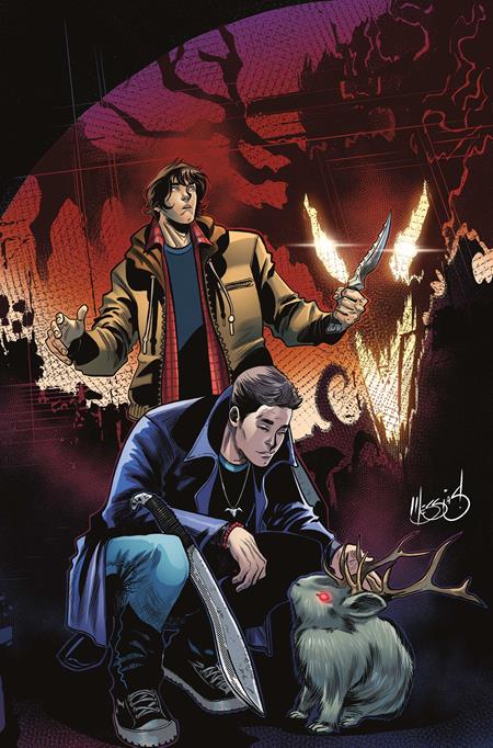 Comic book cover featuring the SPN characters Sam and Dean carrying weapons. Dean is petting a jackalope. Behind them is a demon face