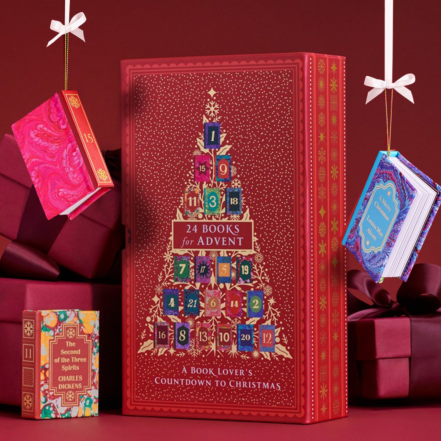 A red advent calendar box labeled '24 Books for Advent' stands in the center, surrounded by wrapped gift boxes and hanging decorative books against a dark red background.