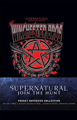 The exterior of the notebook set, with a cardboard packaging band that says Supernatural - Join the Hunt - Pocket Notebook Collection - Set of Three - Ruled, Blank, Grid