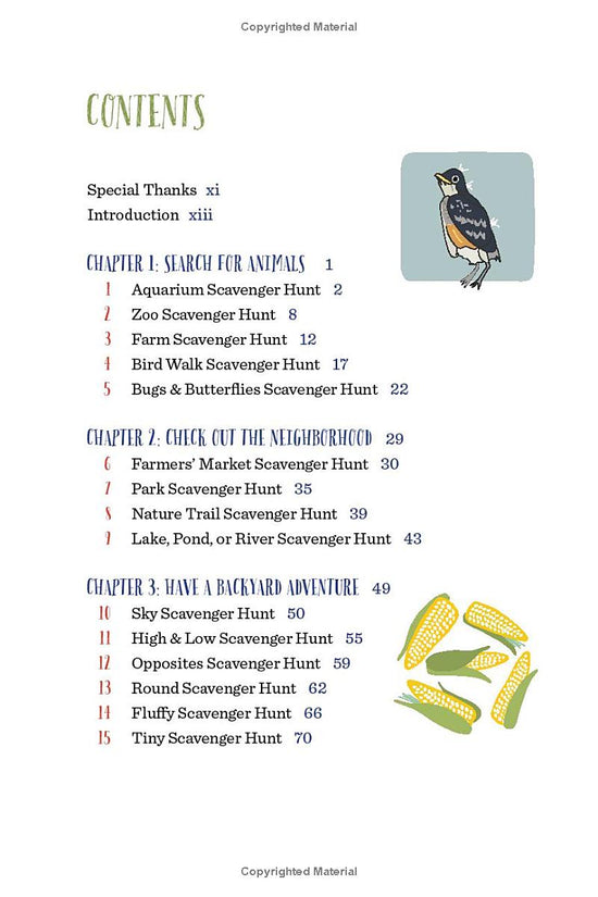 A page from the table of contents, listening entries such as "Aquarium scavenger hunt" and "High & low scavenger hunt"