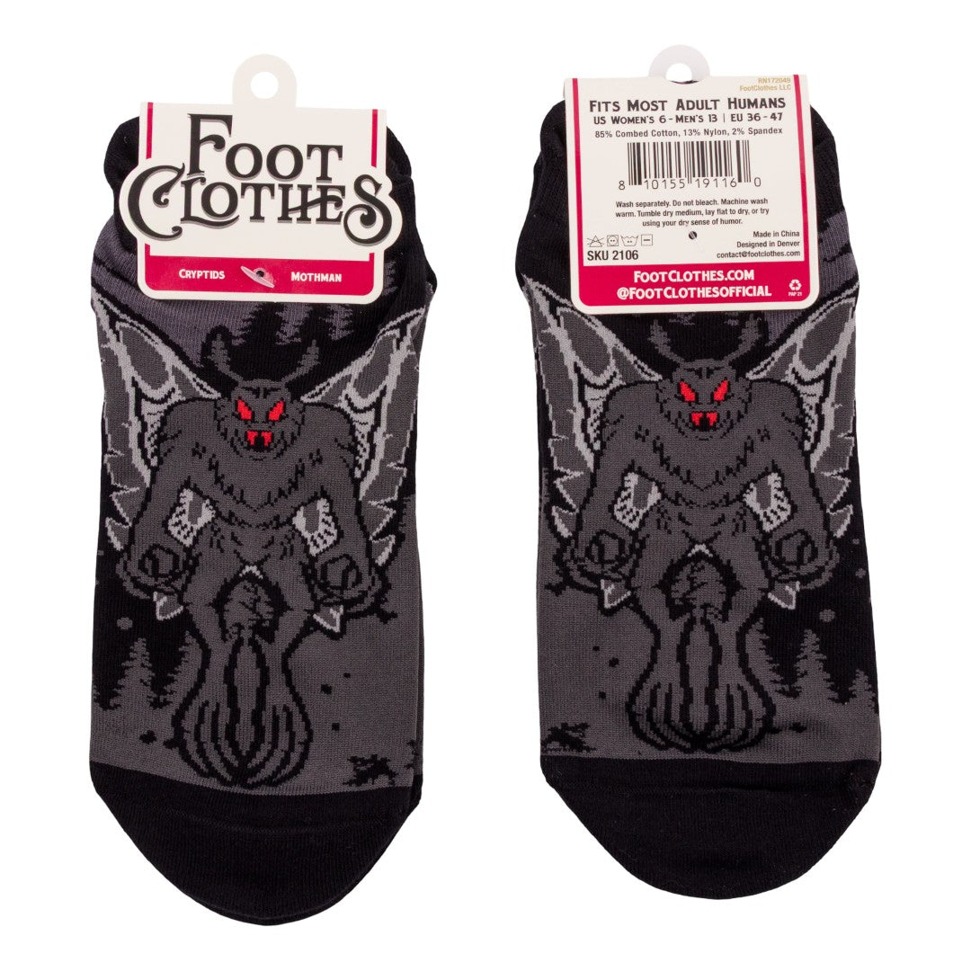 Pair of socks with a Mothman design on a white background, featuring the brand 'Foot Clothes'.