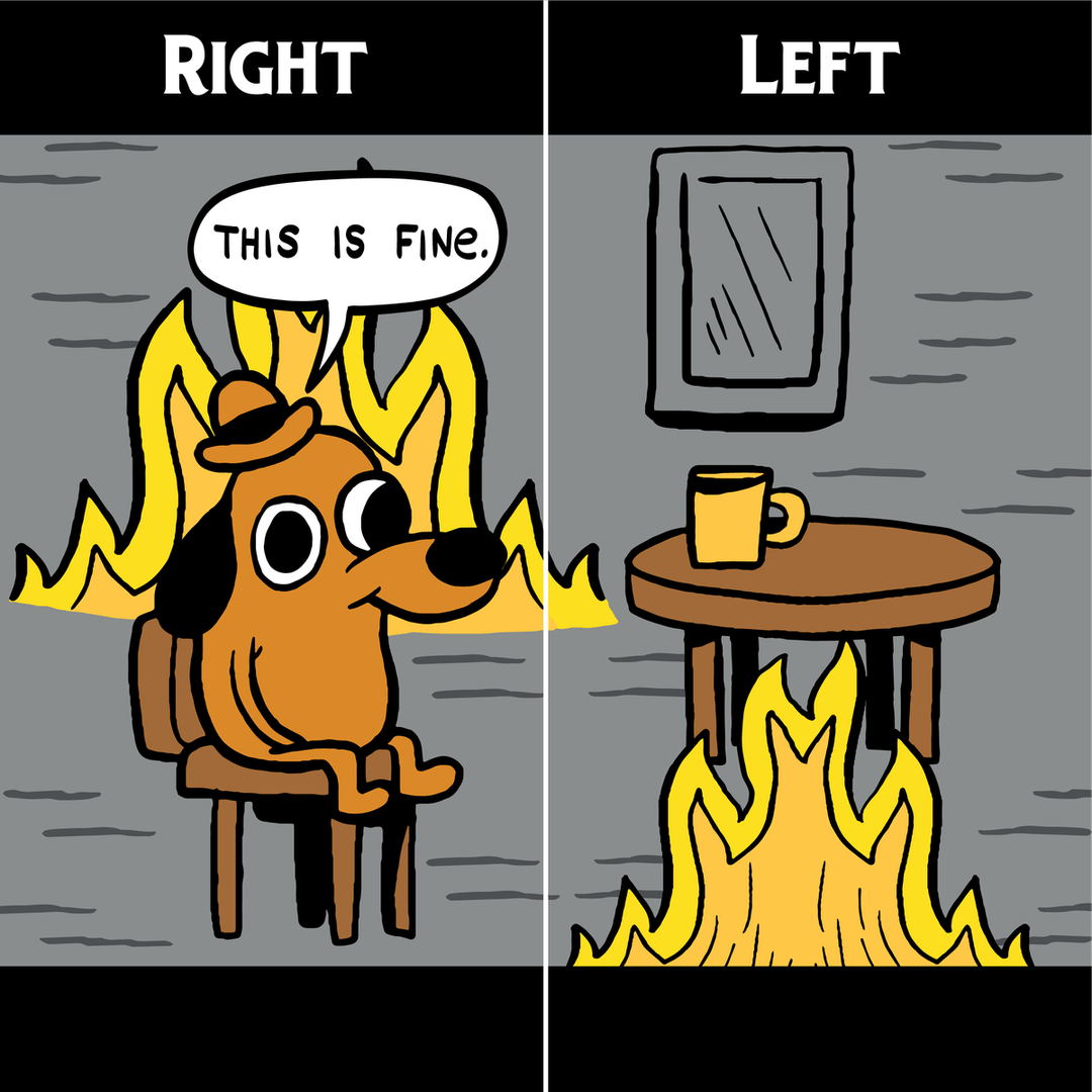 Cartoon dog sitting on a chair with flames around it, saying 'This is fine', next to a table with a cup on fire.
