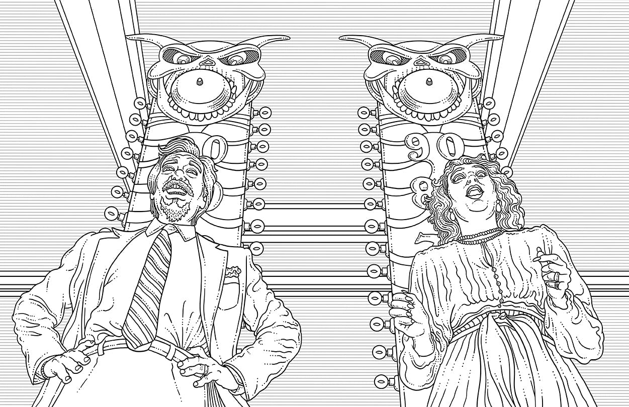 A black and white page from the coloring book. On the left is a bearded man in a suit. On the right is a woman in a dress. Behind them both are two high striker carnival games, with demon horned faces at the top.