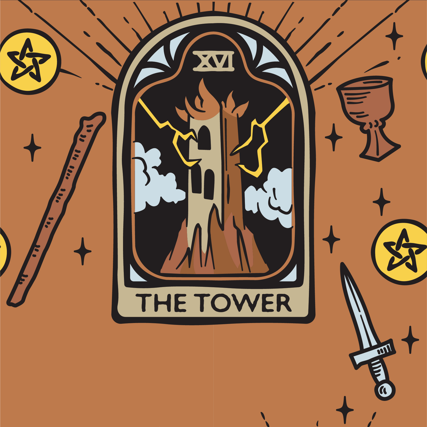 Tarot card illustration titled 'The Tower' with symbols on a brown background
