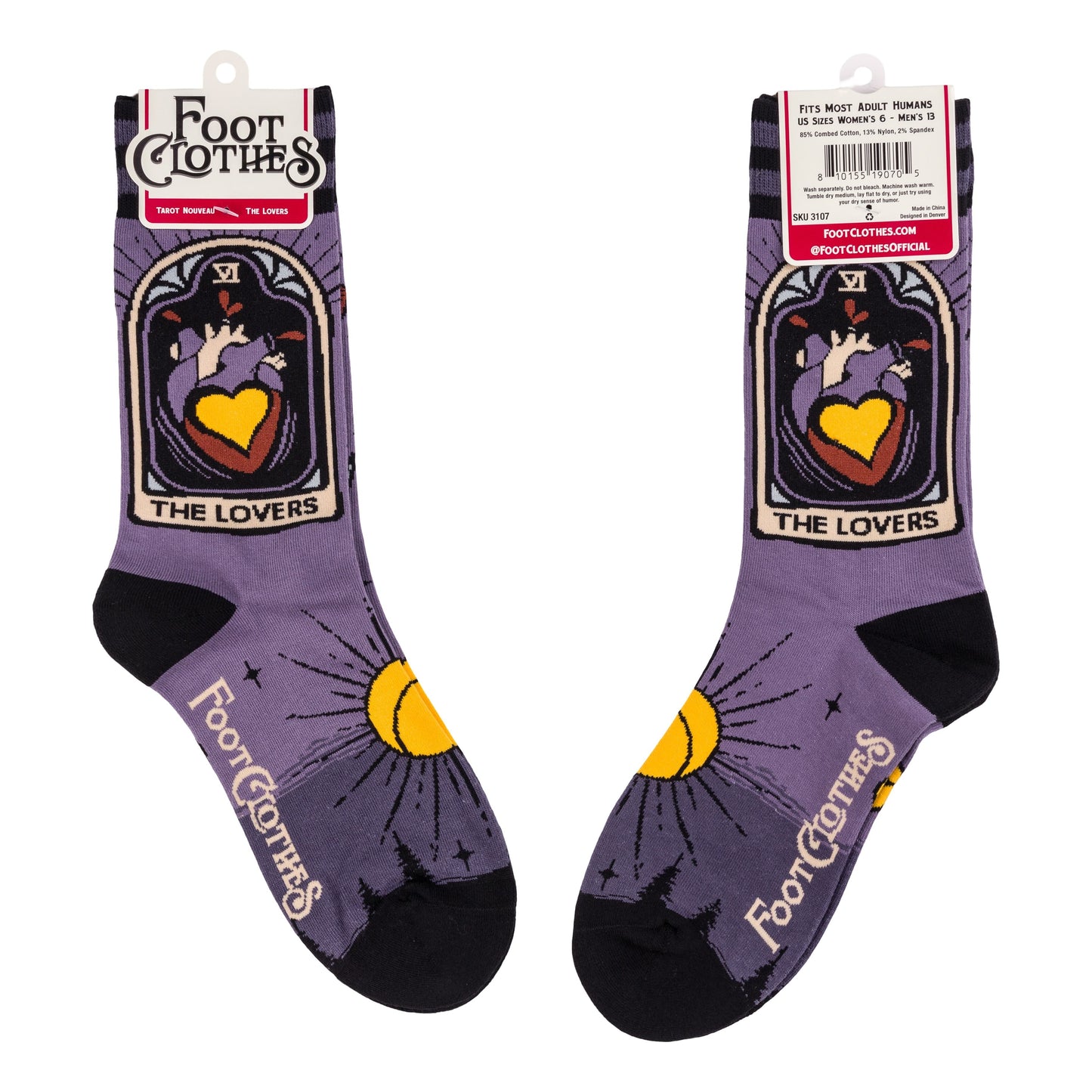 Pair of purple socks with 'The Lovers' design and 'Foot Clothes' branding on a white background.