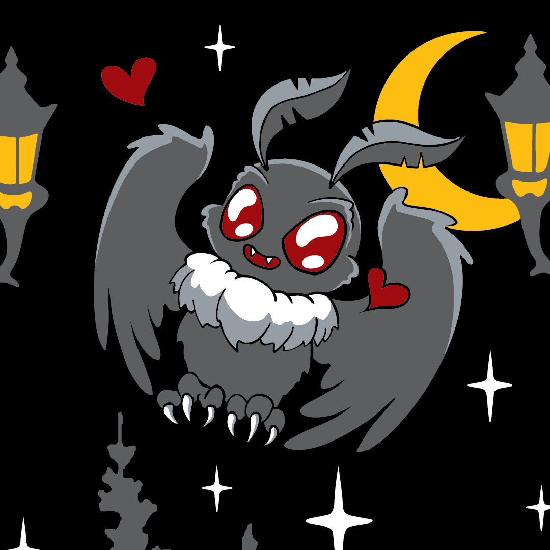 Cartoon creature with red eyes and hearts on a black background with lanterns and stars.