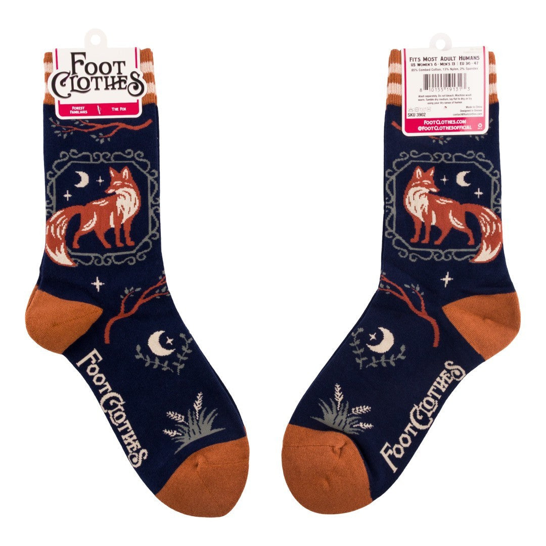 Pair of socks with fox design and 'Foot Clothes' branding on a white background