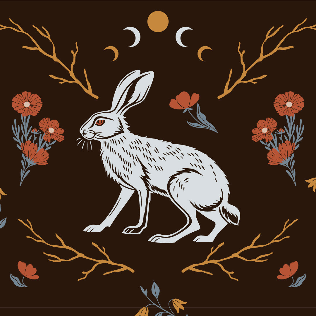 White rabbit illustration with flowers and branches on a dark background