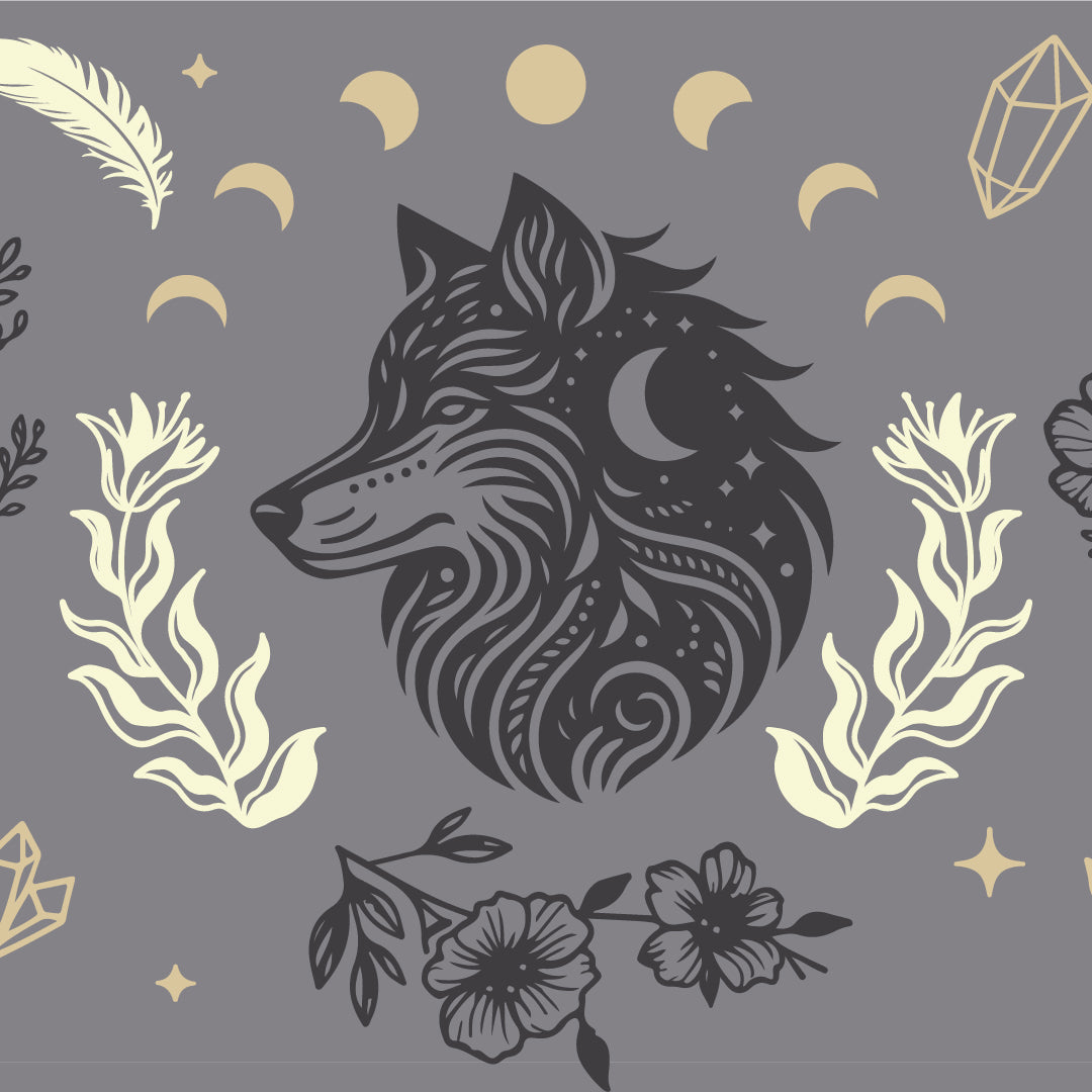 Decorative pattern with wolf head, flowers, and celestial elements on a gray background