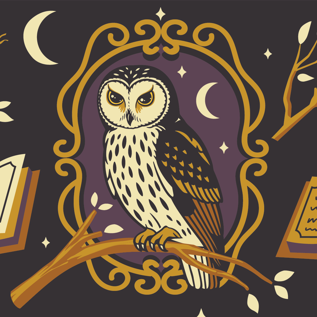 Decorative illustration of an owl on a branch with books and moon phases in the background.