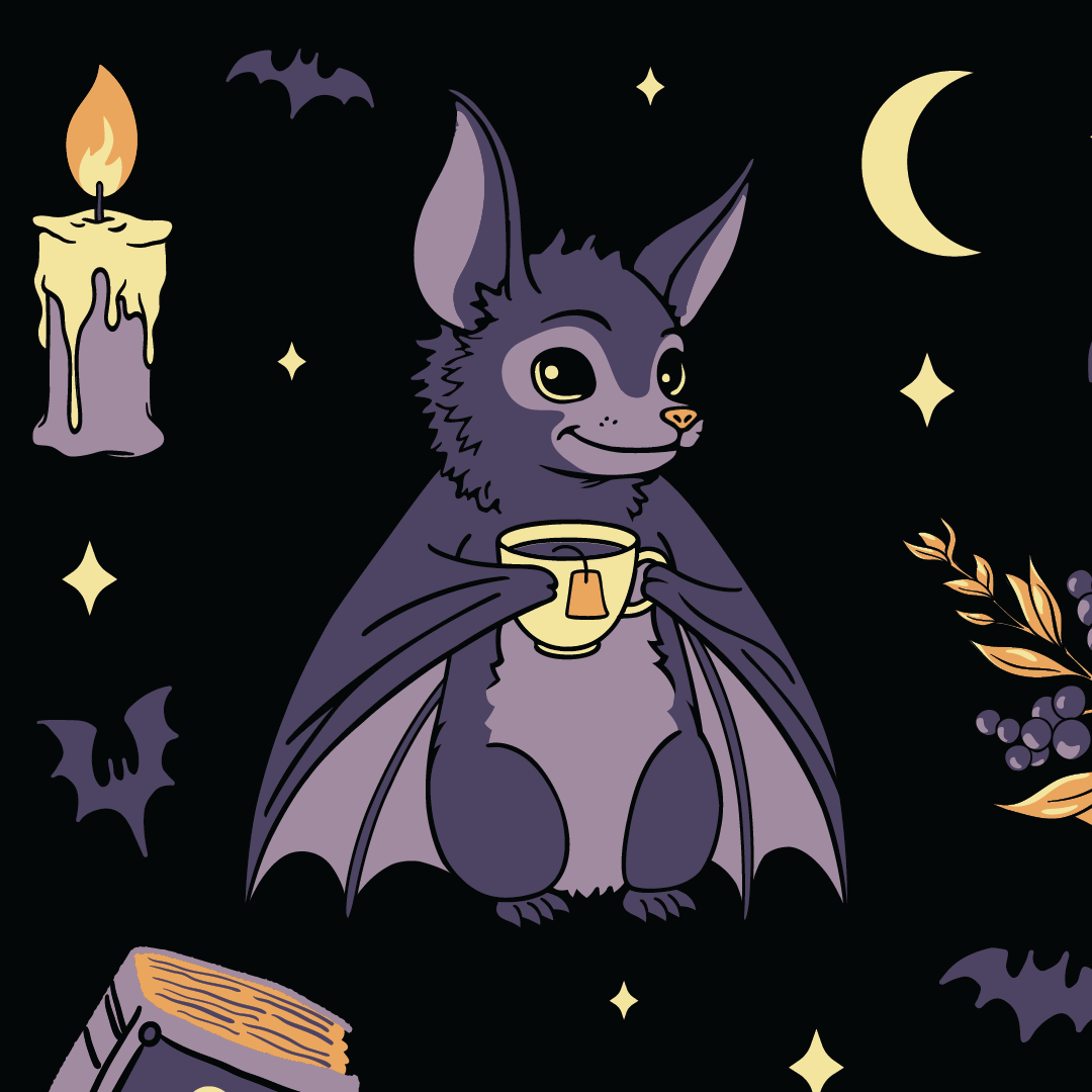 Illustration of a bat holding a teacup with Halloween-themed elements on a dark background.