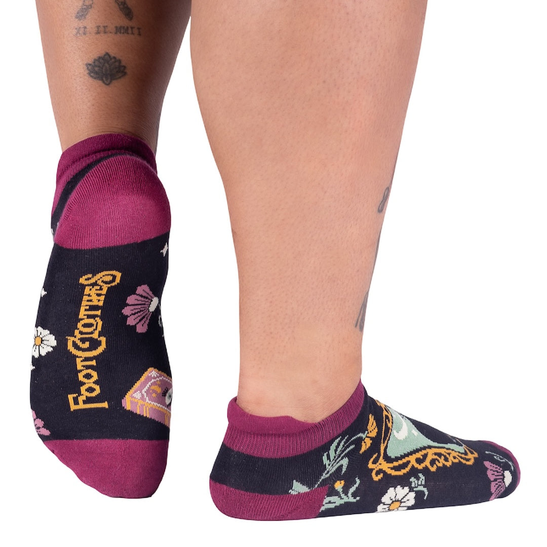 Ankle socks with floral patterns and 'Foot Couture' branding on a white background