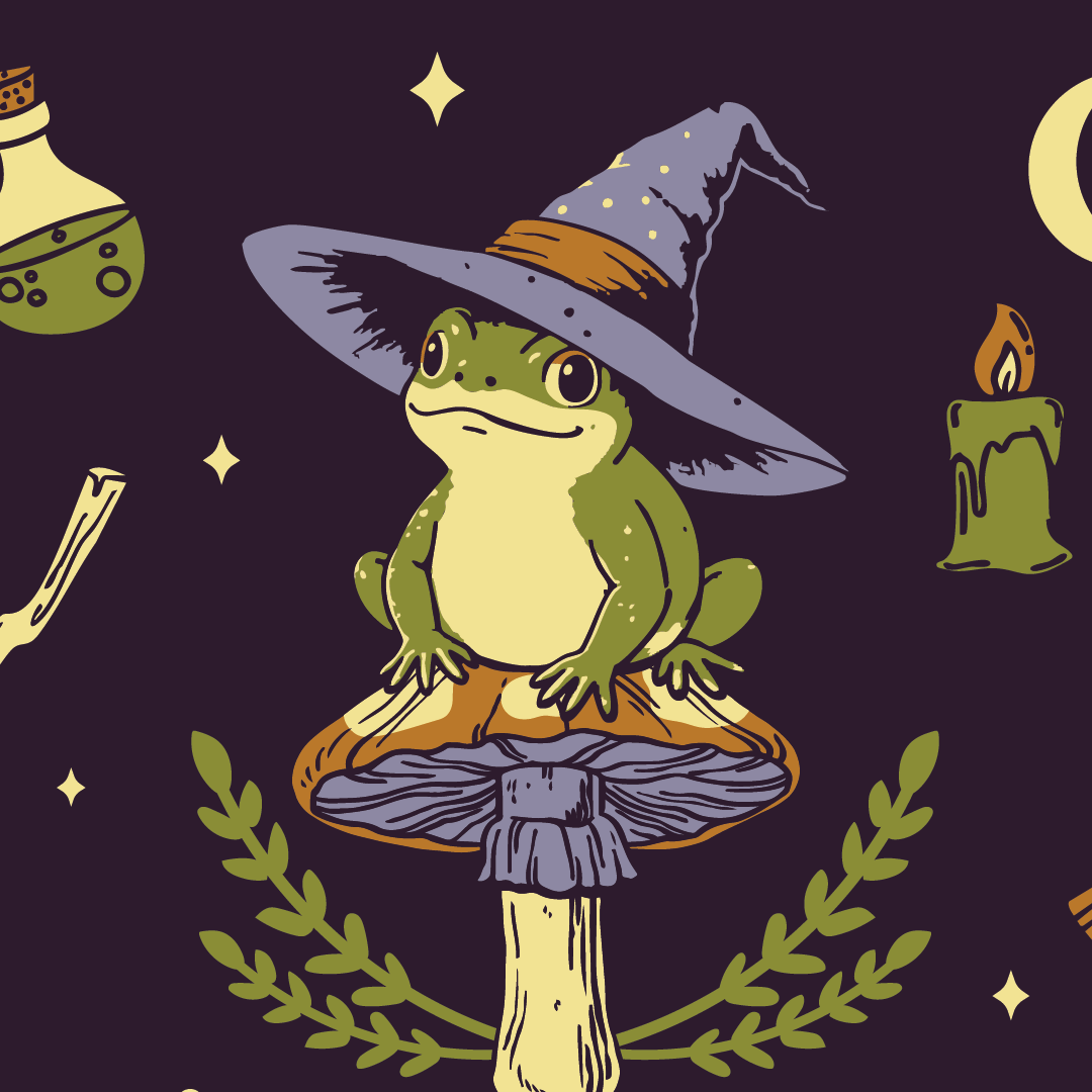 Illustration of a frog wearing a witch hat on a mushroom with a dark background featuring candles and stars.