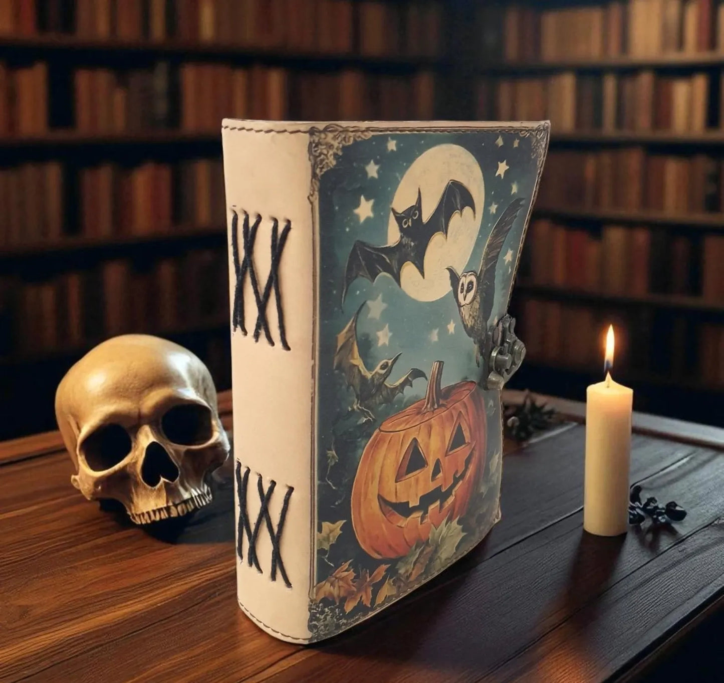 A leather journal on a wooden table. The cover depicts a drawing of a large jack-o-lantern in a field, with bats and an owl flying above it against the full moon. Next to the journal is a skull and candle. In the background are lit candles on a table, next to a dimly lit window.