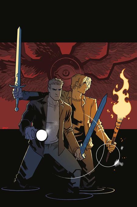 Two characters with swords and a flaming torch against a dark background