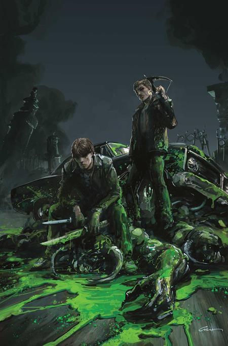 Two characters in a post-apocalyptic setting with green goo on their clothes and surroundings.
