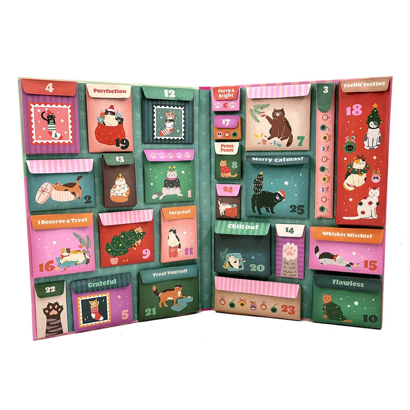 Advent calendar with cat-themed designs on a white background