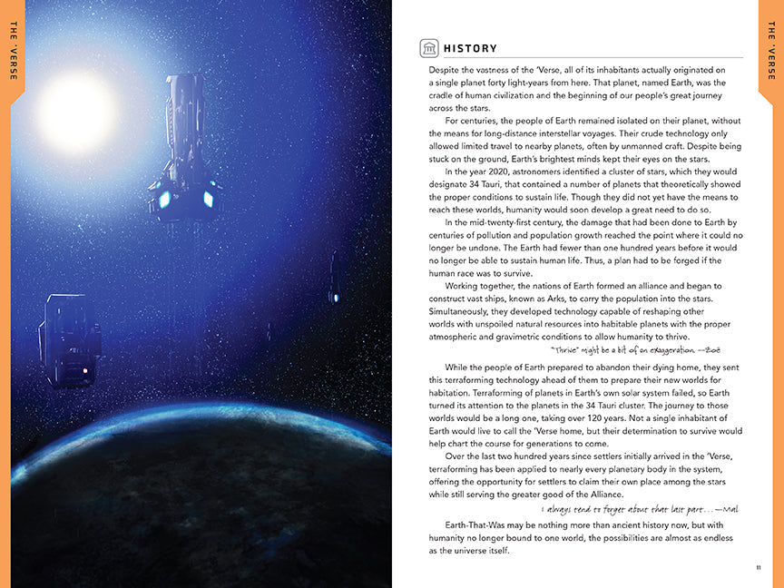 Book page with space-themed illustration and text on a planet and spaceship.