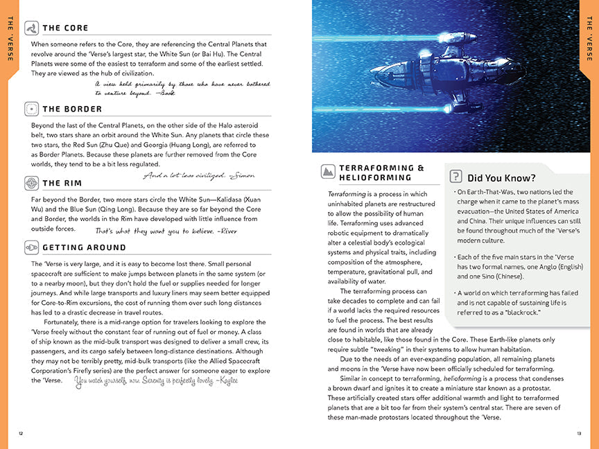 Page from a book or magazine with text and a spaceship illustration on a blue background