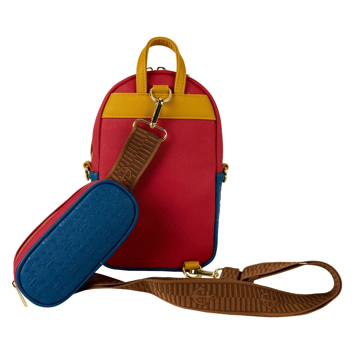 A view of the sling bag seen from the back. The surface of the bag is red with a yellow handle at the top. Attached to the bag is a brown adjustable strap with a red and blue zippered coin bag.