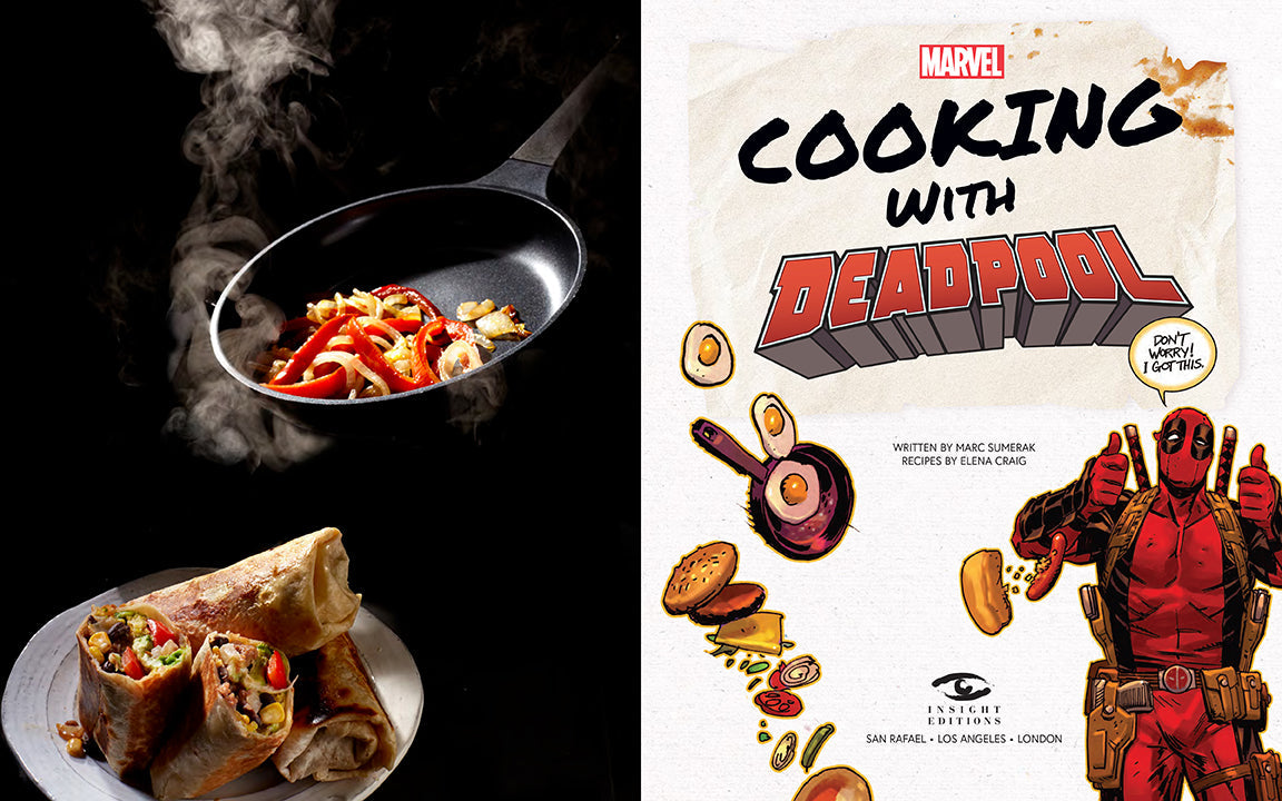 Frying pan with food on a black background and 'Cooking with Deadpool' book cover.