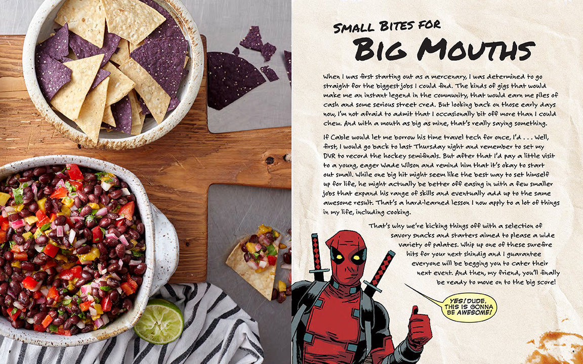 Dessert platter with purple and yellow cookies, fruit salsa, and a slice of cake on a wooden board. Deadpool character illustration on the right.