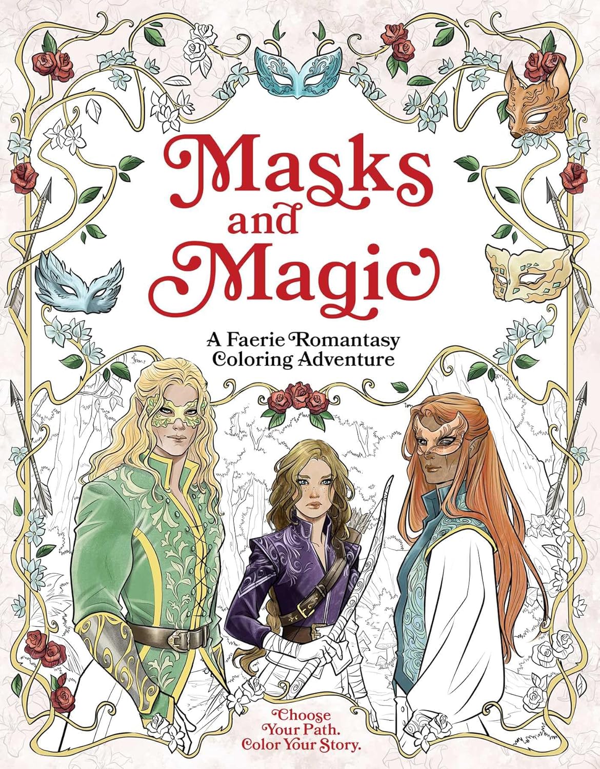 Book cover of 'Masks and Magic' with illustrations of faeries and decorative elements.