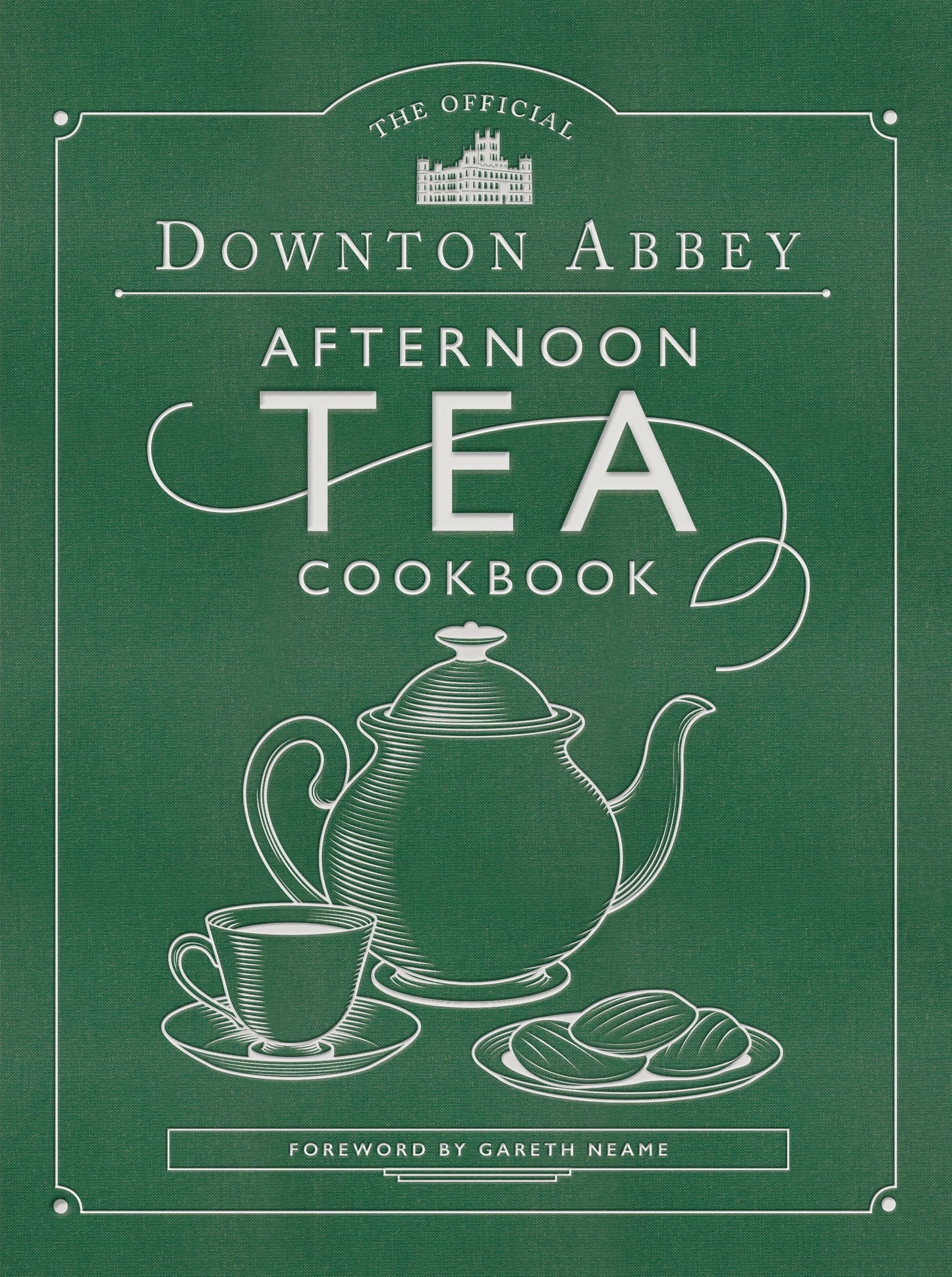 Cover of 'The Official Downton Abbey Afternoon Tea Cookbook' with teapot and cup illustration on a green background.