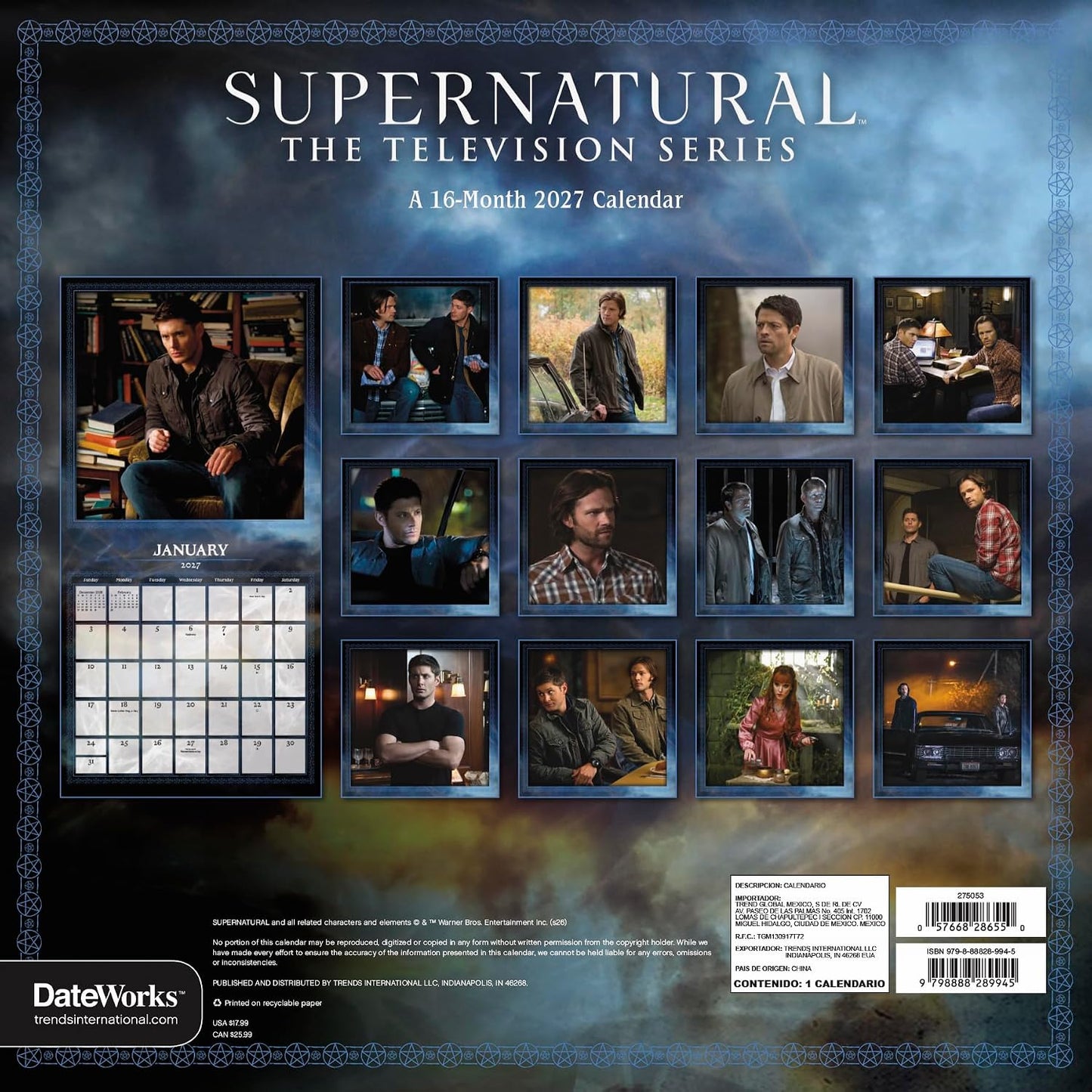 Back cover of a 2027 wall calendar titled 'Supernatural: The Television Series' showing a collage of character photos, a January calendar grid, and product details on a dark smoky blue background.
